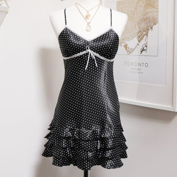 Black Polka Dot Ruffle Skirt Satin Slip Dress 🐻❄️ LA VIE EN ROSE - Picture 1 of 7